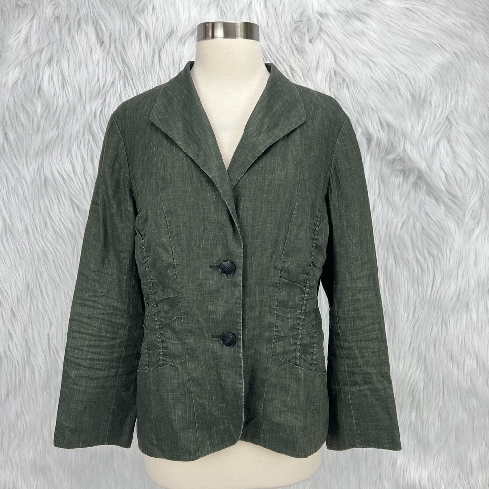 Lafayette 148 Leonara Green Waxed Linen Blazer Womens 10 Ruched Classic Preppy
